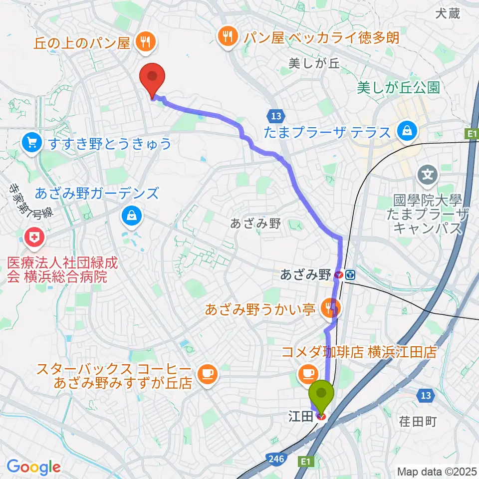 江田駅からラルゴピアノ教室へのルートマップ地図