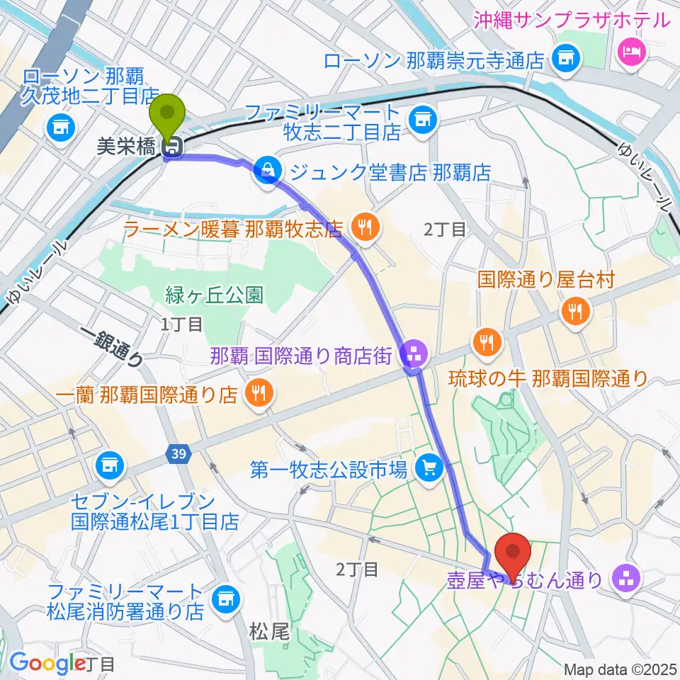 美栄橋駅から知名オーディオへのルートマップ地図