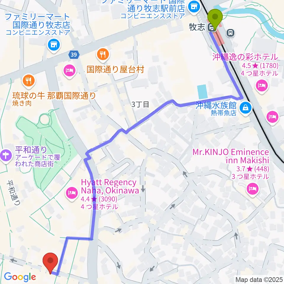 知名オーディオの最寄駅牧志駅からの徒歩ルート（約9分）地図