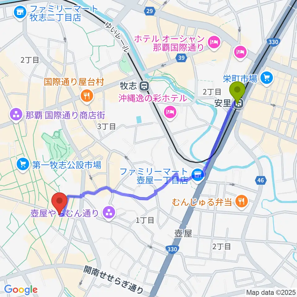 安里駅から知名オーディオへのルートマップ地図