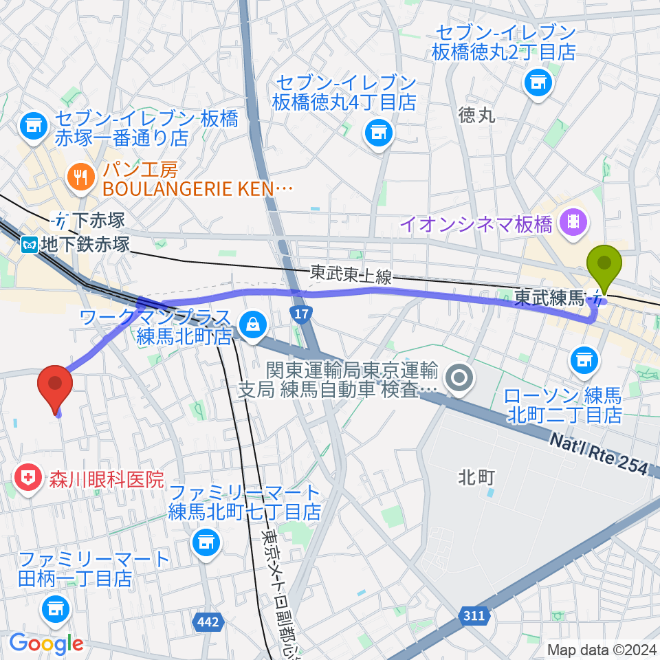 東武練馬駅から吉田音楽教室へのルートマップ地図