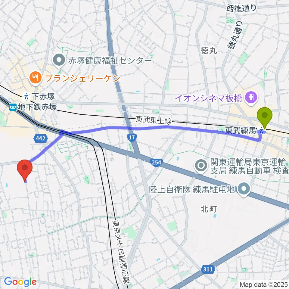 東武練馬駅から吉田音楽教室へのルートマップ地図