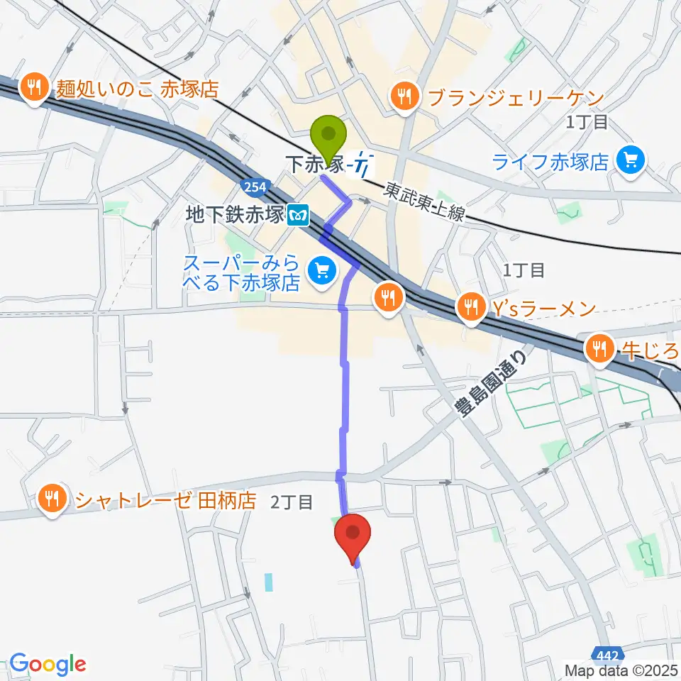 吉田音楽教室の最寄駅下赤塚駅からの徒歩ルート（約9分）地図