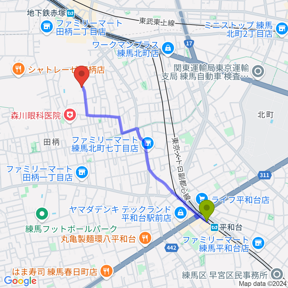 平和台駅から吉田音楽教室へのルートマップ地図