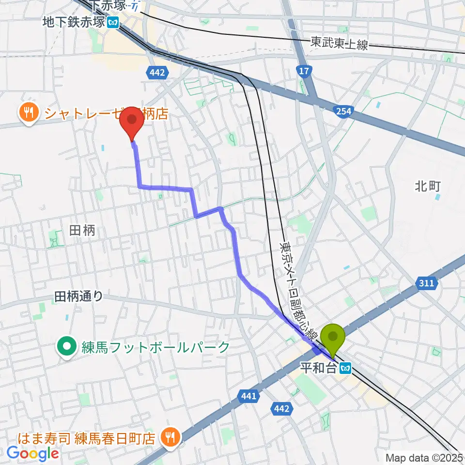 平和台駅から吉田音楽教室へのルートマップ地図