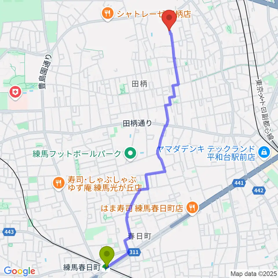 練馬春日町駅から吉田音楽教室へのルートマップ地図