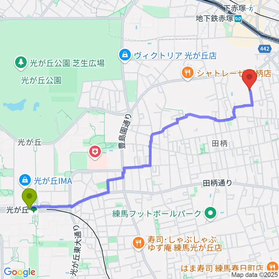光が丘駅から吉田音楽教室へのルートマップ地図