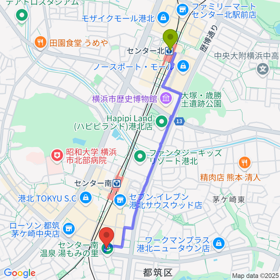 センター北駅から平山音楽院センター南教室 貸し練習室へのルートマップ地図