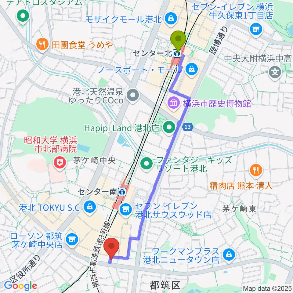 センター北駅から平山音楽院センター南教室 貸し練習室へのルートマップ地図