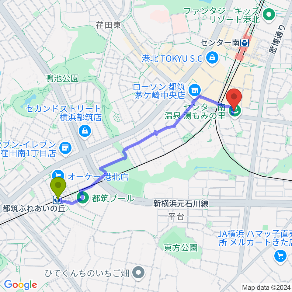 都筑ふれあいの丘駅から平山音楽院センター南教室 貸し練習室へのルートマップ地図