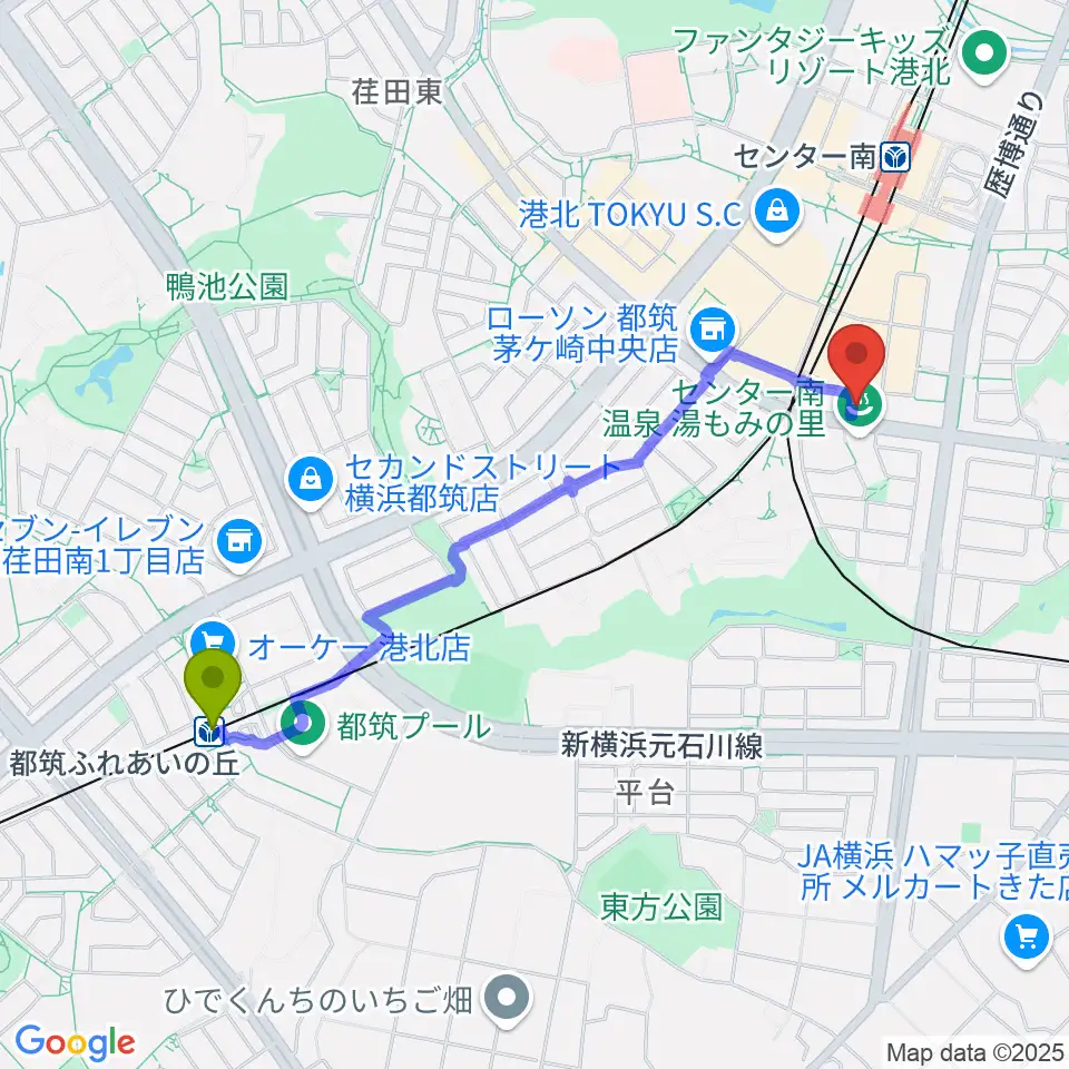 都筑ふれあいの丘駅から平山音楽院センター南教室 貸し練習室へのルートマップ地図