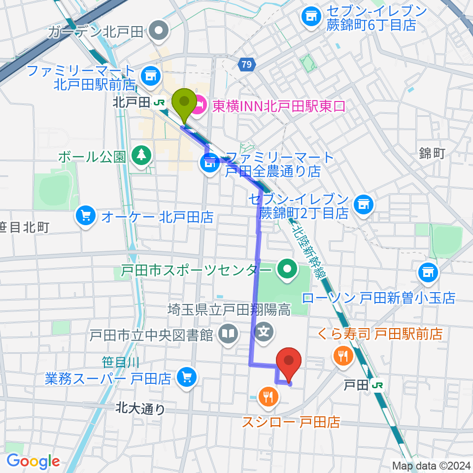 北戸田駅から田村ピアノ教室へのルートマップ地図