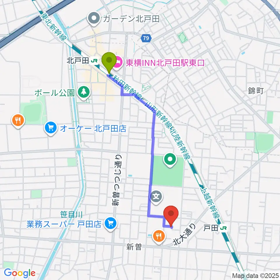 北戸田駅から田村ピアノ教室へのルートマップ地図
