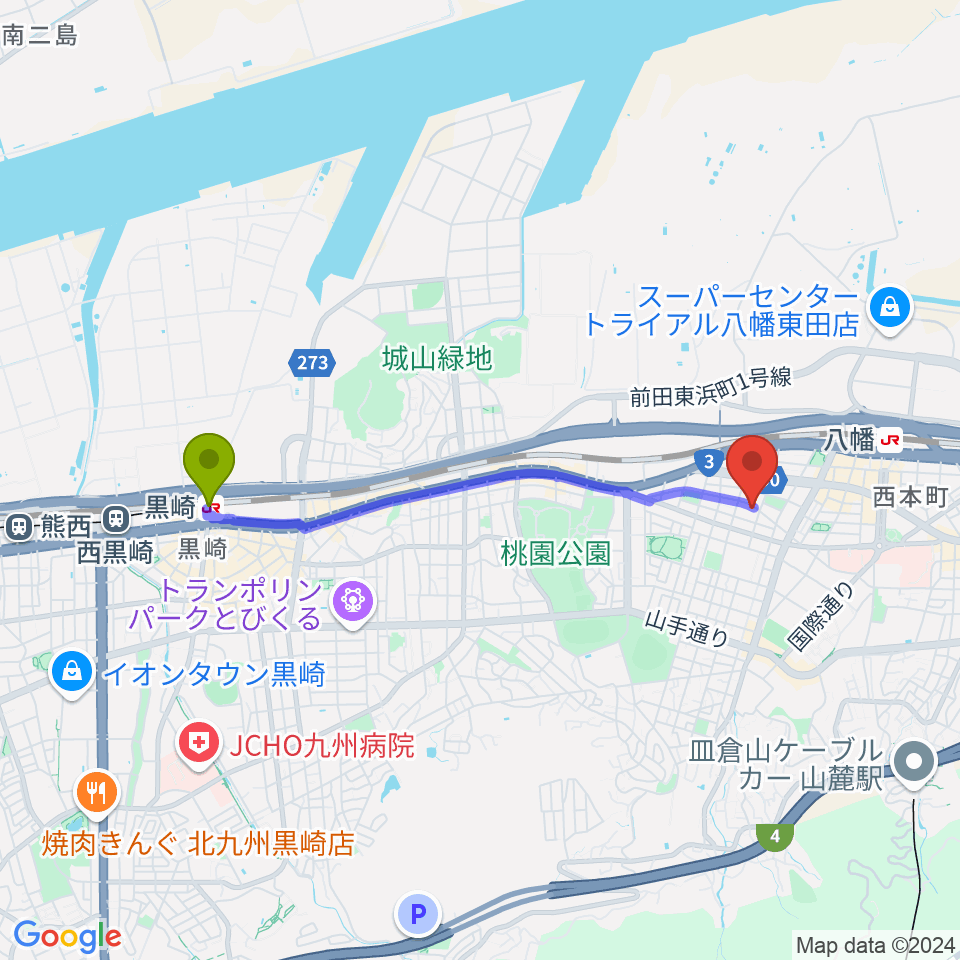 黒崎駅からフルート＆ピアノ教室 癒音工房へのルートマップ地図