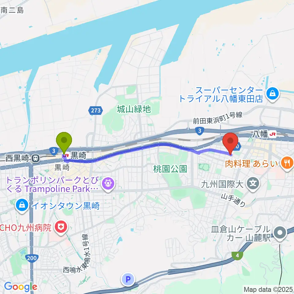 黒崎駅からフルート＆ピアノ教室 癒音工房へのルートマップ地図