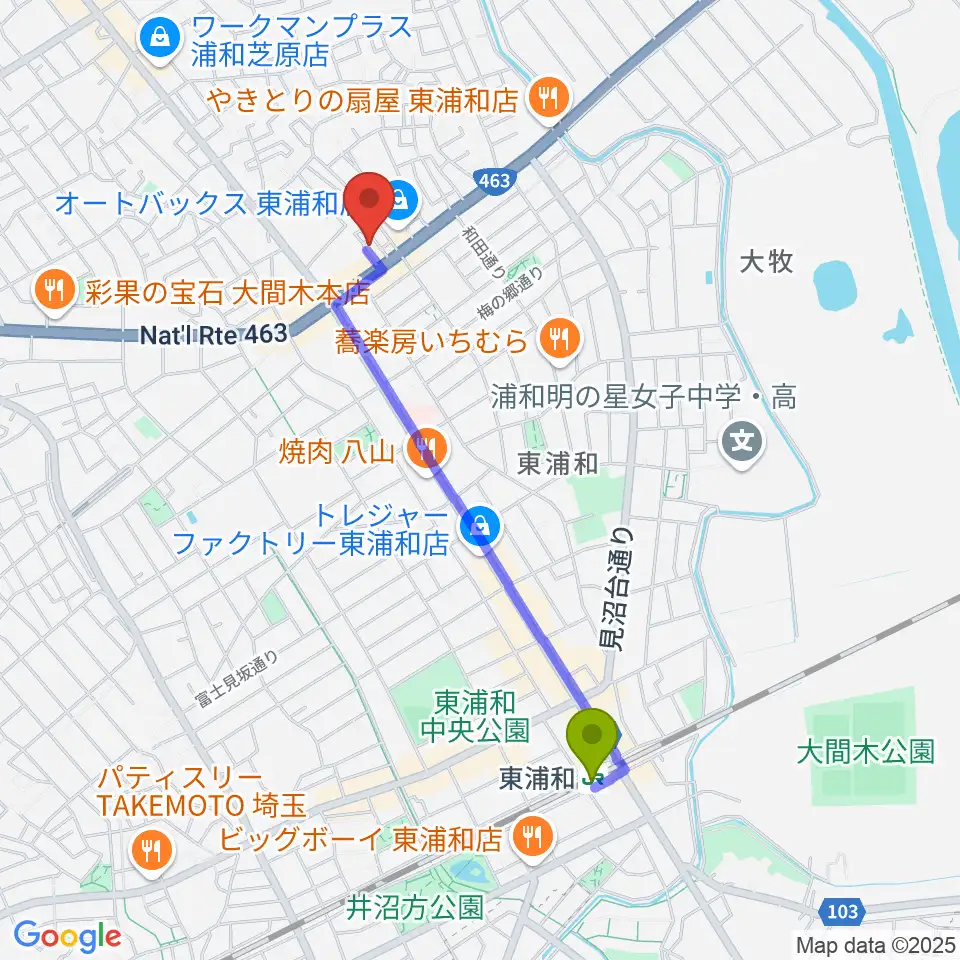 音楽クラブプラネッツの最寄駅東浦和駅からの徒歩ルート（約19分）地図