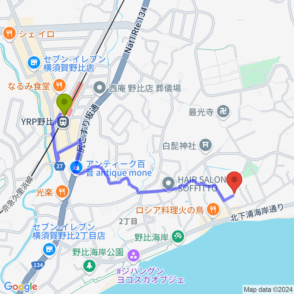 JUN音楽教室の最寄駅ＹＲＰ野比駅からの徒歩ルート（約10分）地図