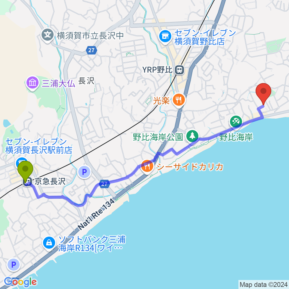 京急長沢駅からJUN音楽教室へのルートマップ地図