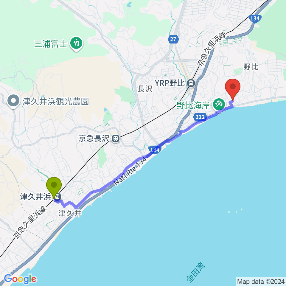 津久井浜駅からJUN音楽教室へのルートマップ地図