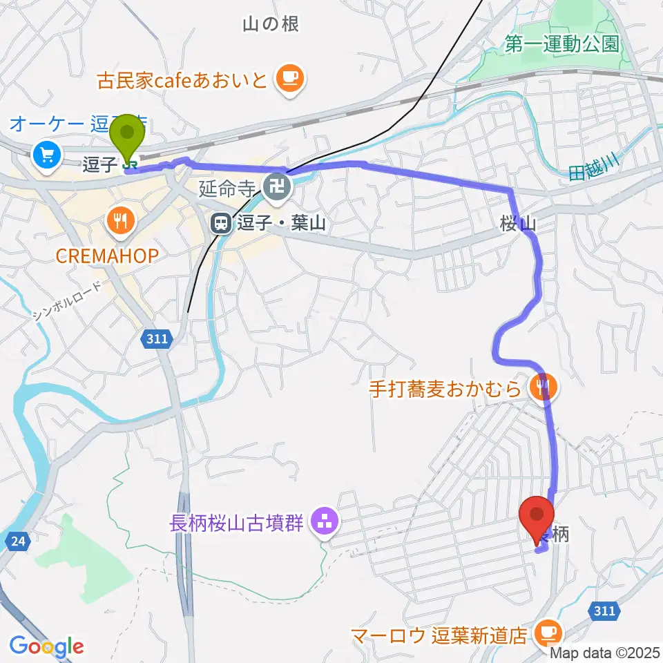 逗子駅から逗子葉山かんのピアノ教室へのルートマップ地図
