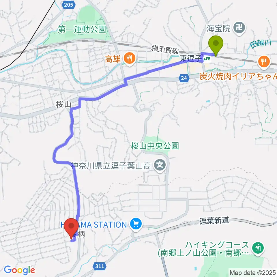 東逗子駅から逗子葉山かんのピアノ教室へのルートマップ地図