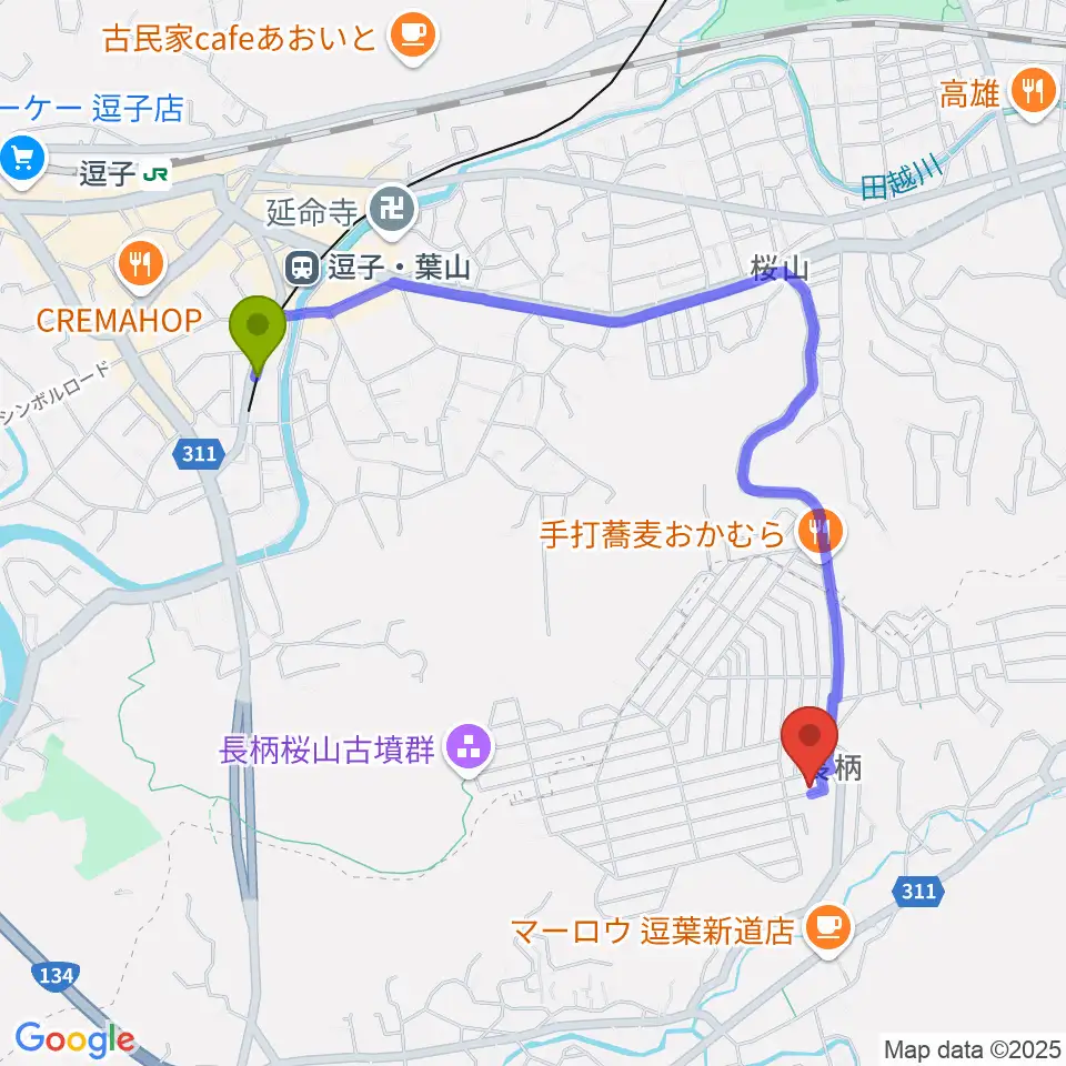 逗子葉山かんのピアノ教室の最寄駅逗子・葉山駅からの徒歩ルート（約20分）地図