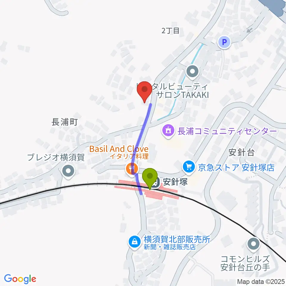 アラベスク音楽教室の最寄駅安針塚駅からの徒歩ルート（約2分）地図