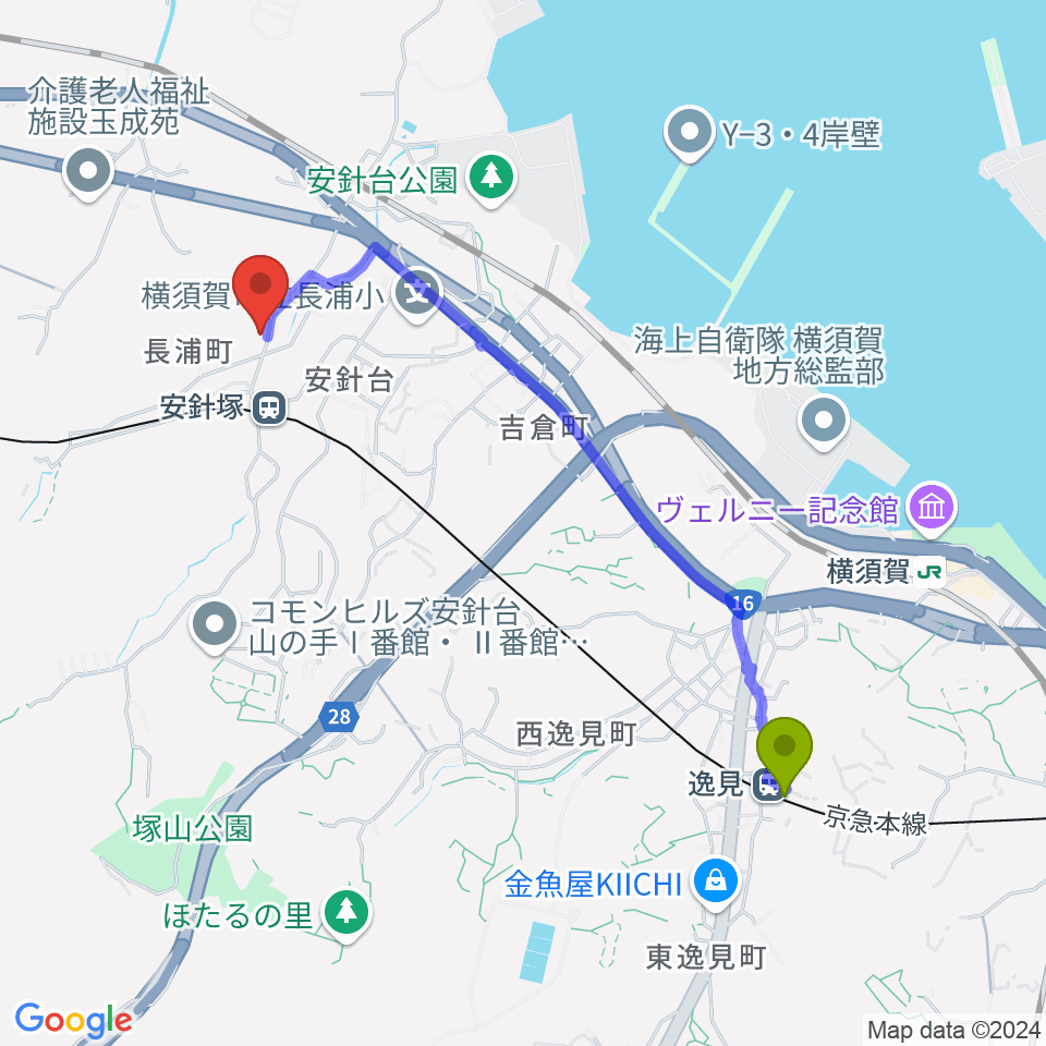 逸見駅からアラベスク音楽教室へのルートマップ地図