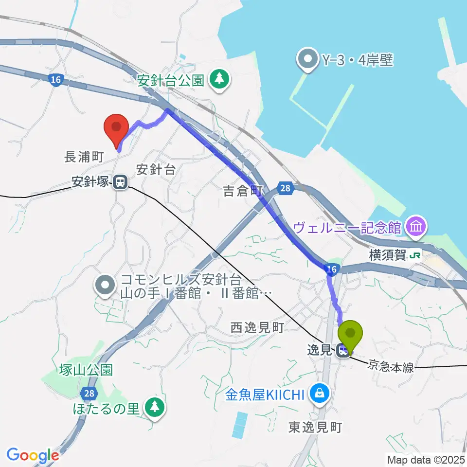 逸見駅からアラベスク音楽教室へのルートマップ地図
