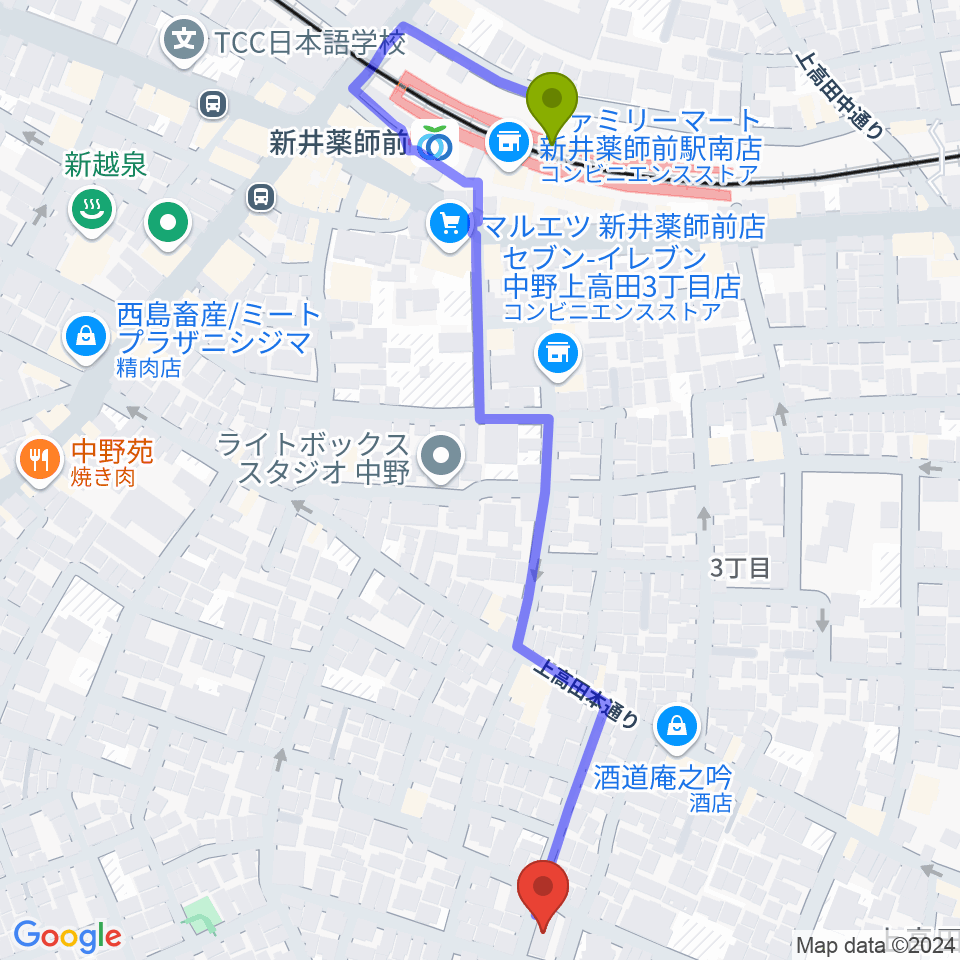 末高明美ピアノ教室の最寄駅新井薬師前駅からの徒歩ルート（約6分）地図