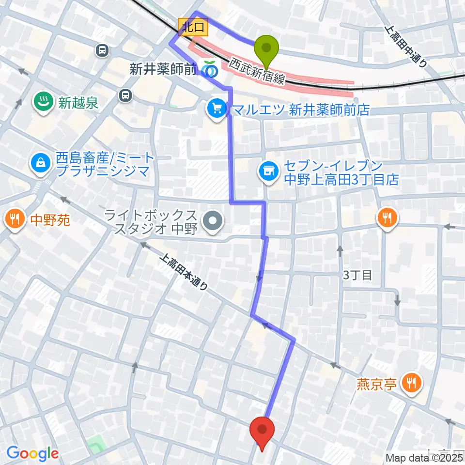 末高明美ピアノ教室の最寄駅新井薬師前駅からの徒歩ルート（約6分）地図