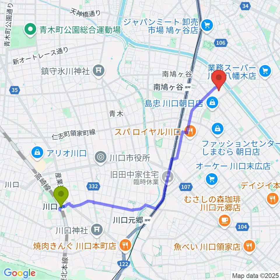 川口駅から佐久間バイオリン教室へのルートマップ地図