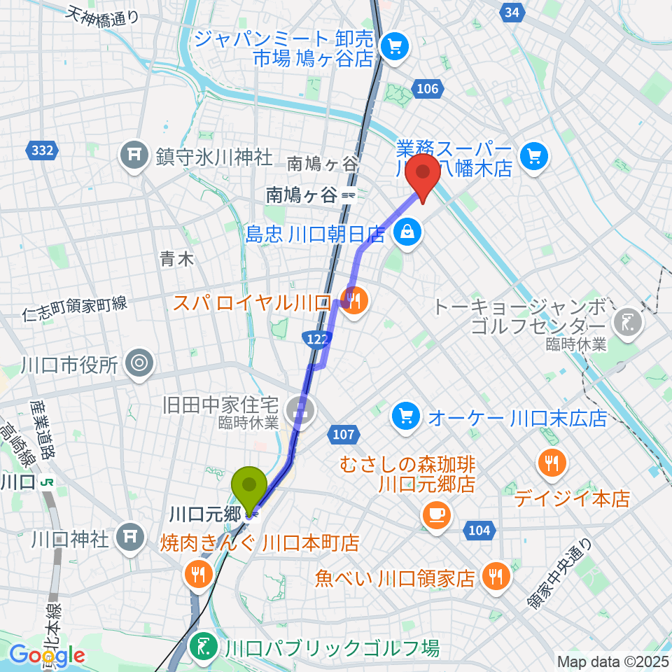 川口元郷駅から佐久間バイオリン教室へのルートマップ地図