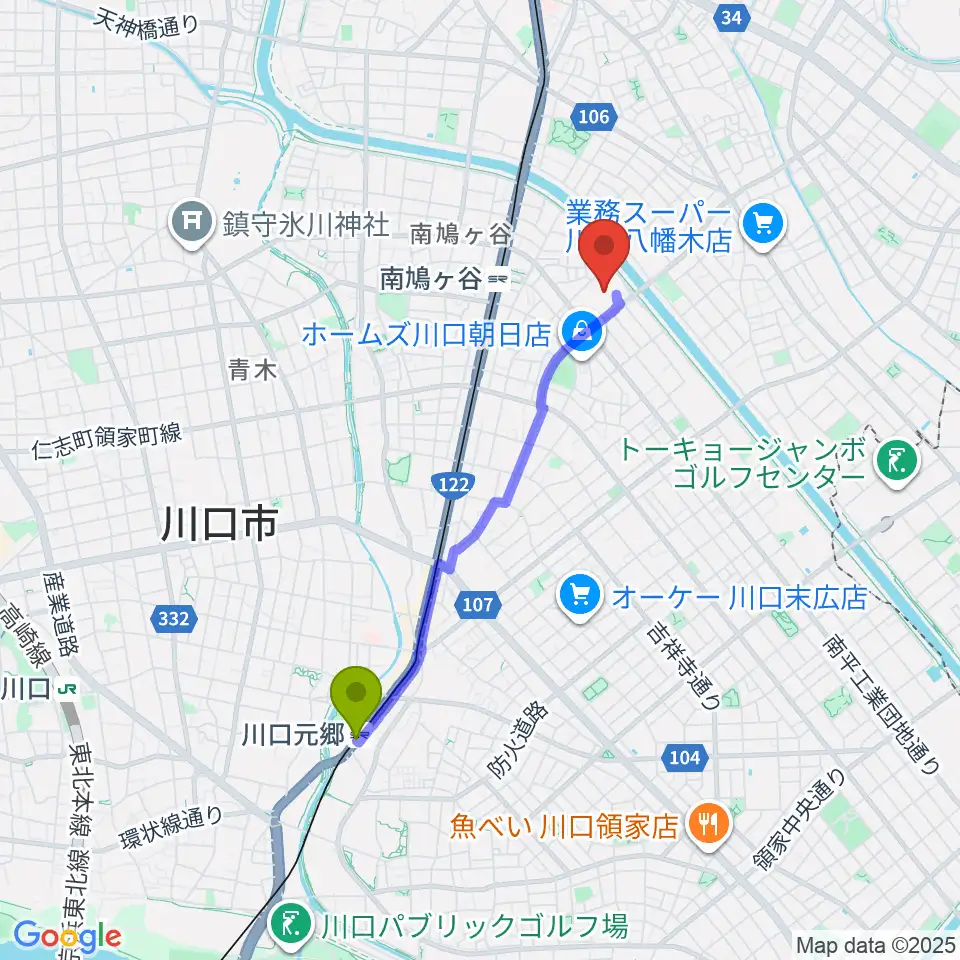 川口元郷駅から佐久間バイオリン教室へのルートマップ地図
