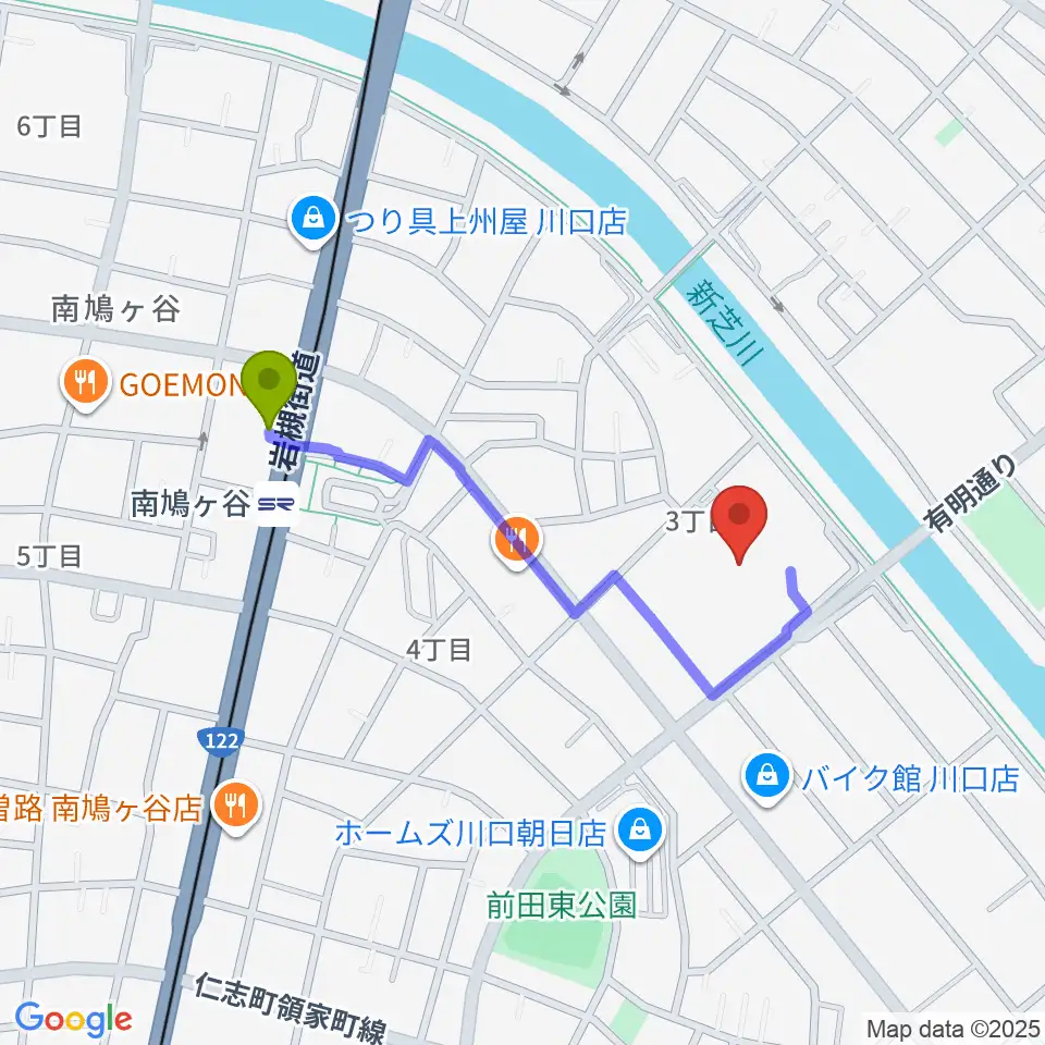 佐久間バイオリン教室の最寄駅南鳩ヶ谷駅からの徒歩ルート（約7分）地図