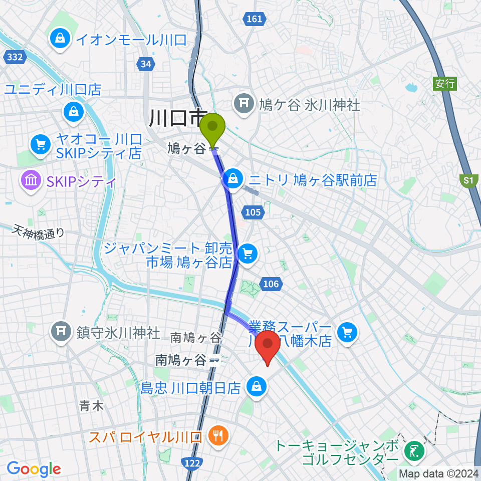 鳩ヶ谷駅から佐久間バイオリン教室へのルートマップ地図