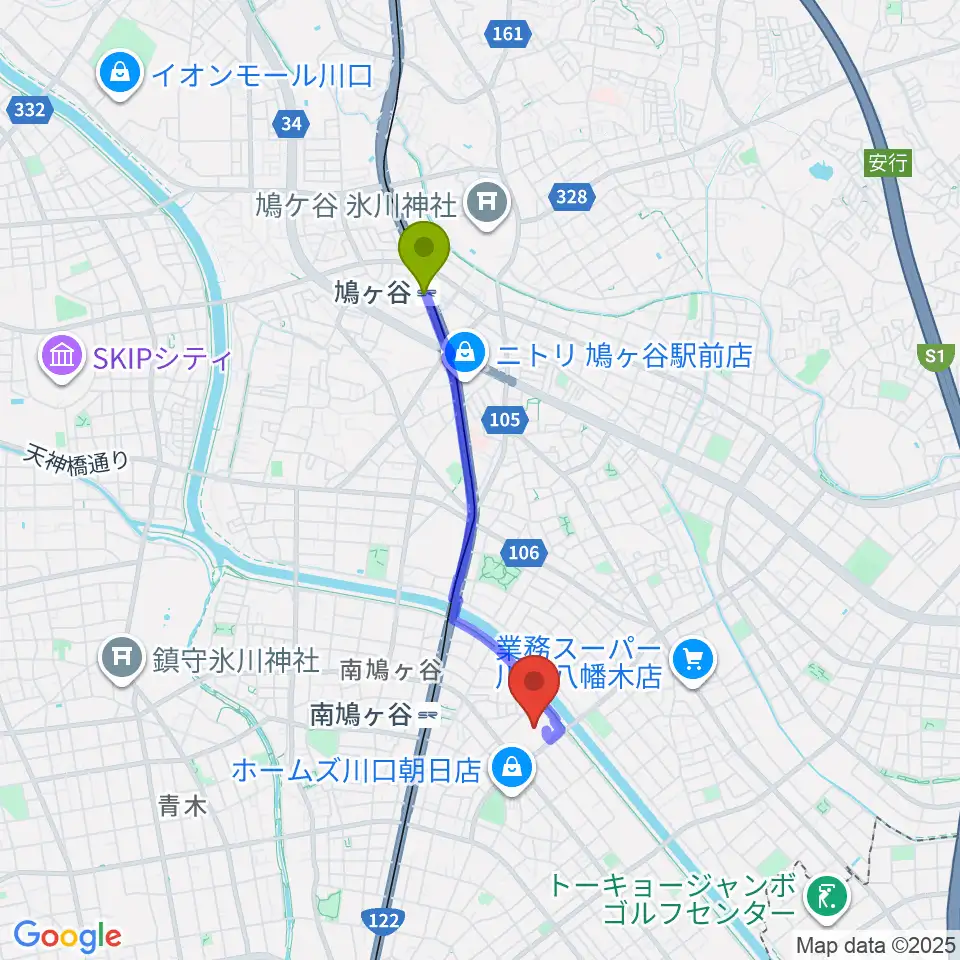 鳩ヶ谷駅から佐久間バイオリン教室へのルートマップ地図