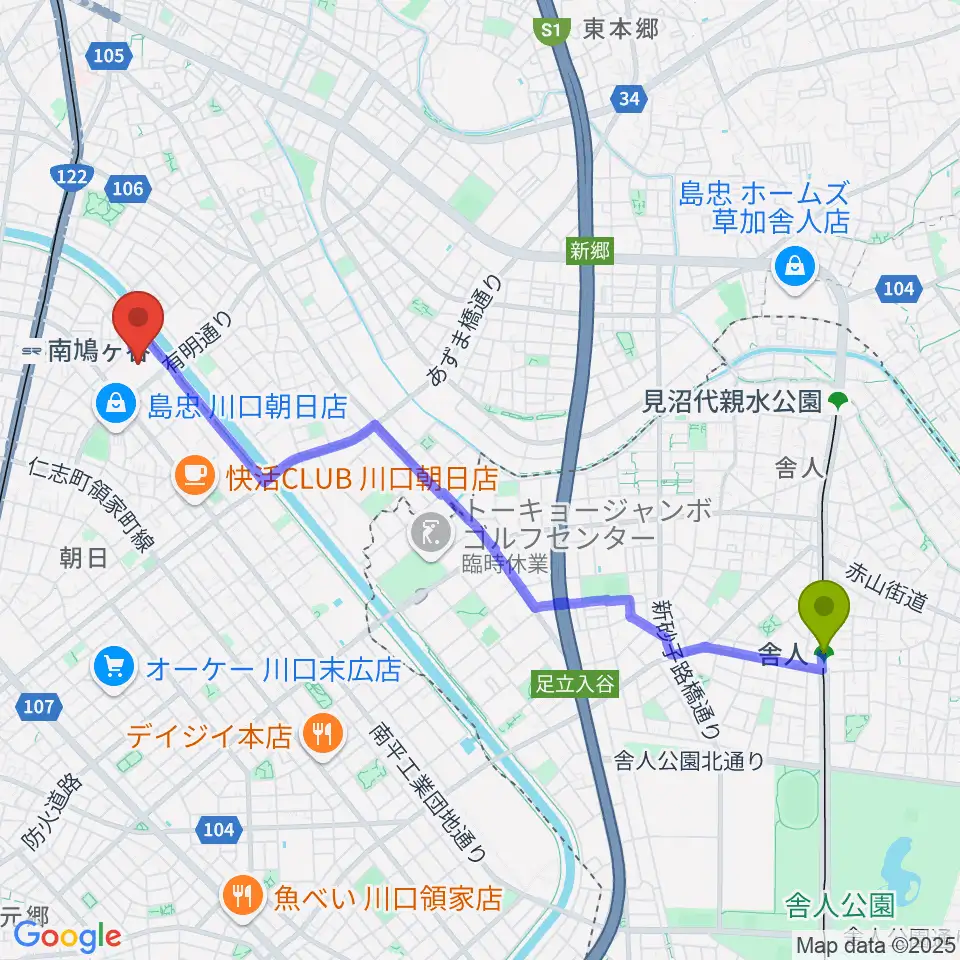 舎人駅から佐久間バイオリン教室へのルートマップ地図