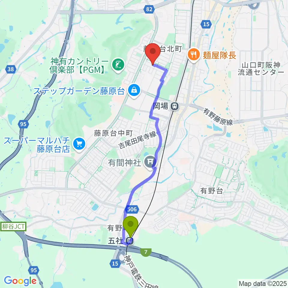 五社駅からHAMAミュージックへのルートマップ地図