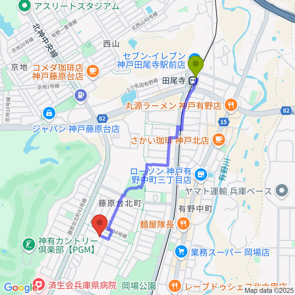 田尾寺駅からHAMAミュージックへのルートマップ地図