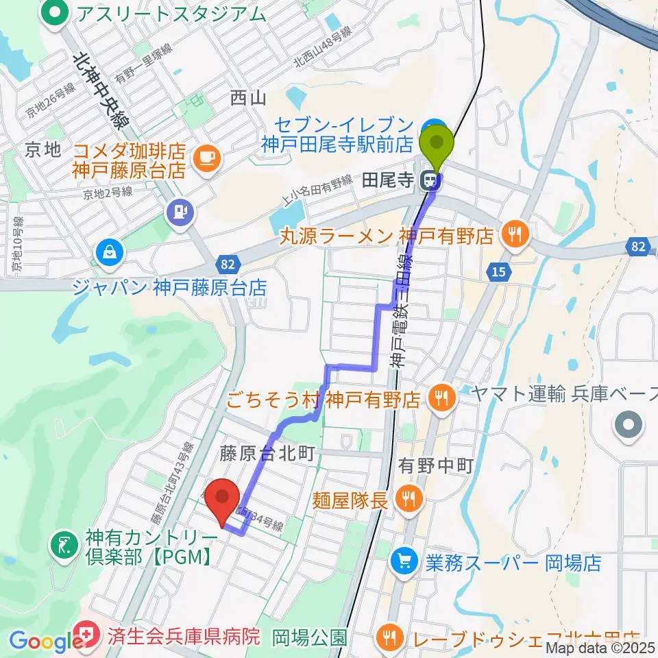 田尾寺駅からHAMAミュージックへのルートマップ地図