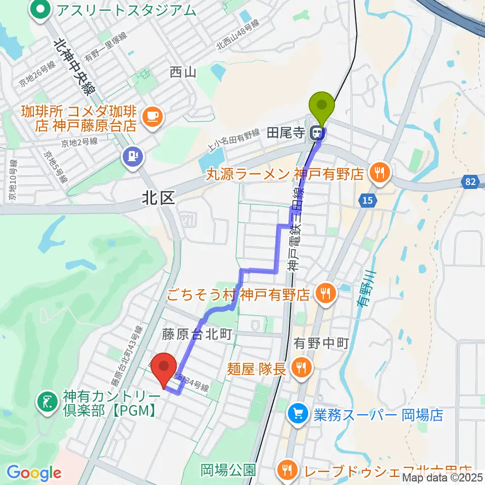 田尾寺駅からHAMAミュージックへのルートマップ地図