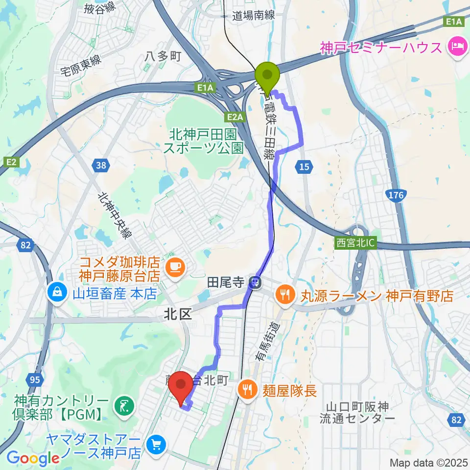 二郎駅からHAMAミュージックへのルートマップ地図