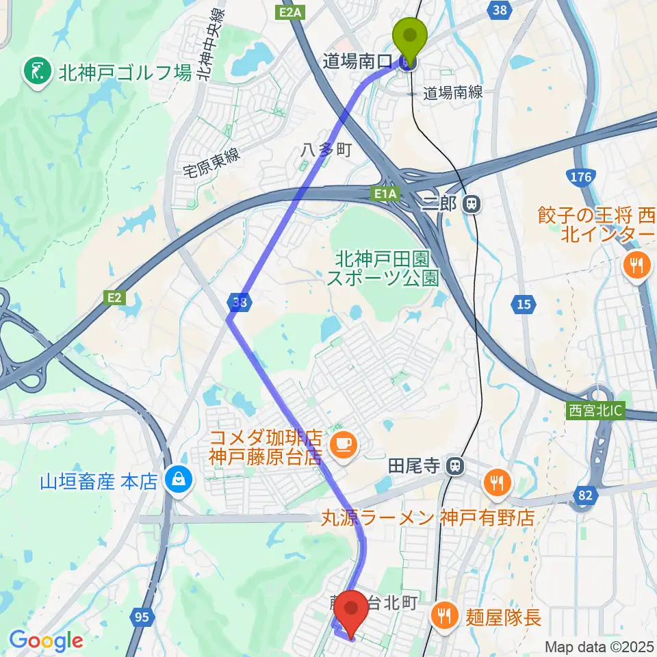 道場南口駅からHAMAミュージックへのルートマップ地図