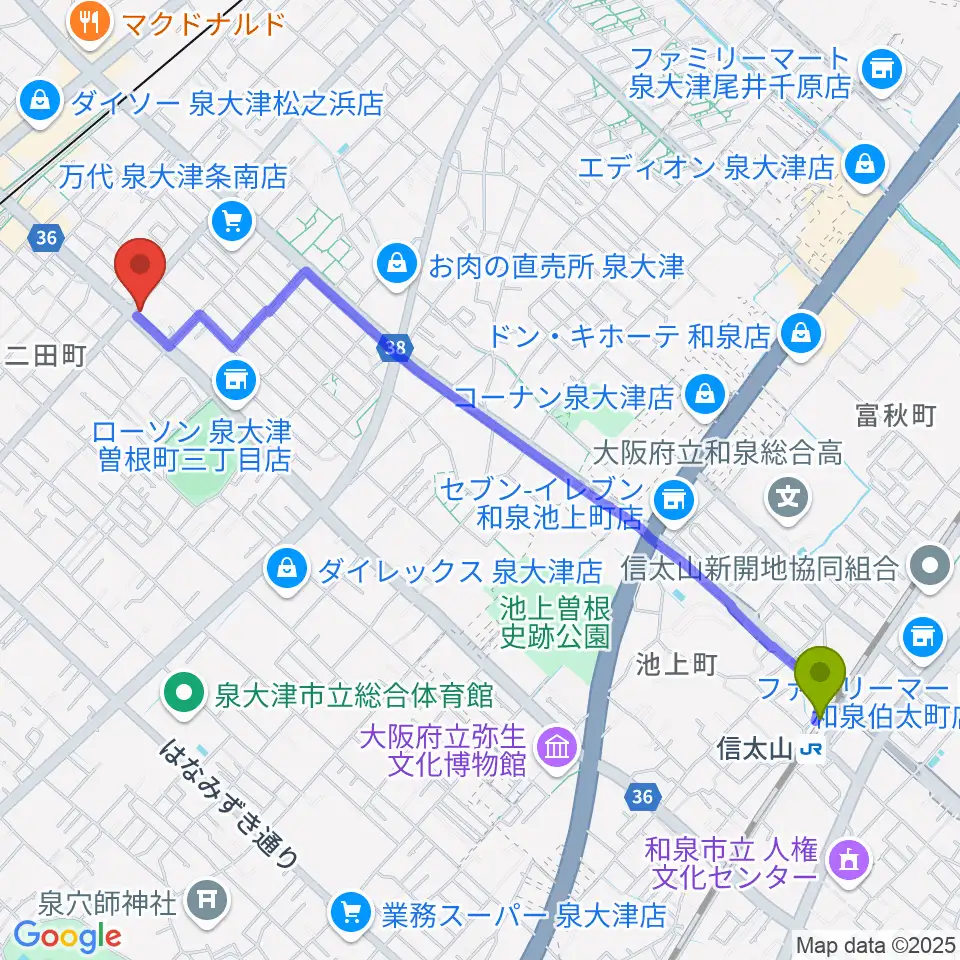 信太山駅からグレイスピアノサービスへのルートマップ地図