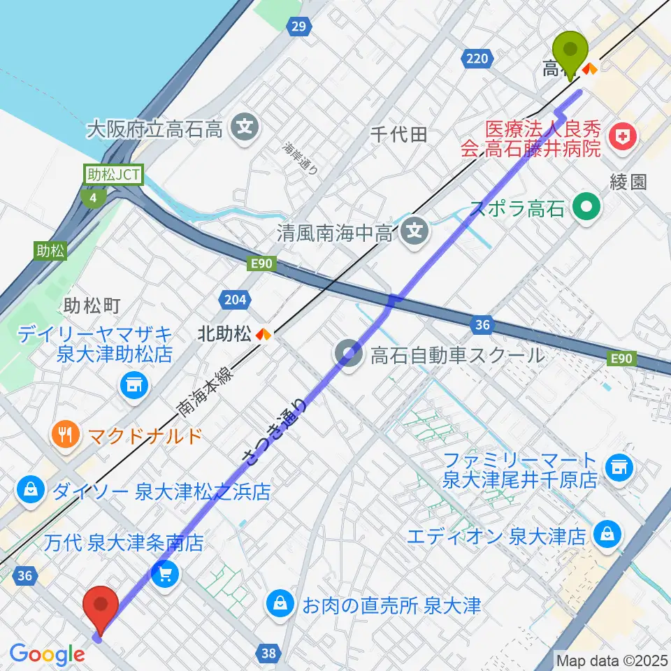高石駅からグレイスピアノサービスへのルートマップ地図