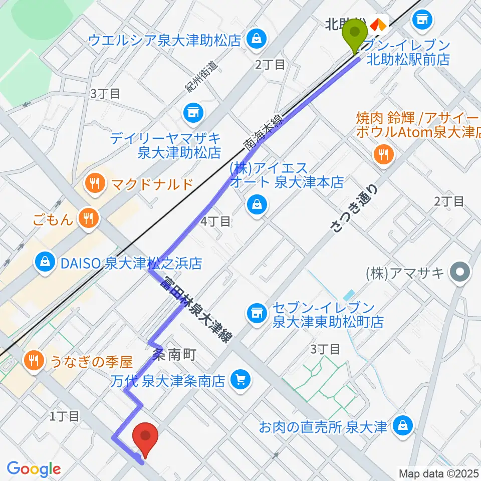 北助松駅からグレイスピアノサービスへのルートマップ地図