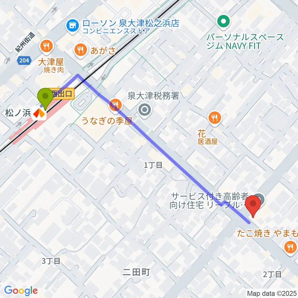 グレイスピアノサービスの最寄駅松ノ浜駅からの徒歩ルート（約6分）地図