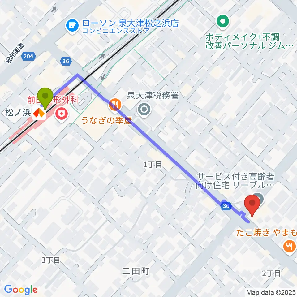 グレイスピアノサービスの最寄駅松ノ浜駅からの徒歩ルート（約6分）地図