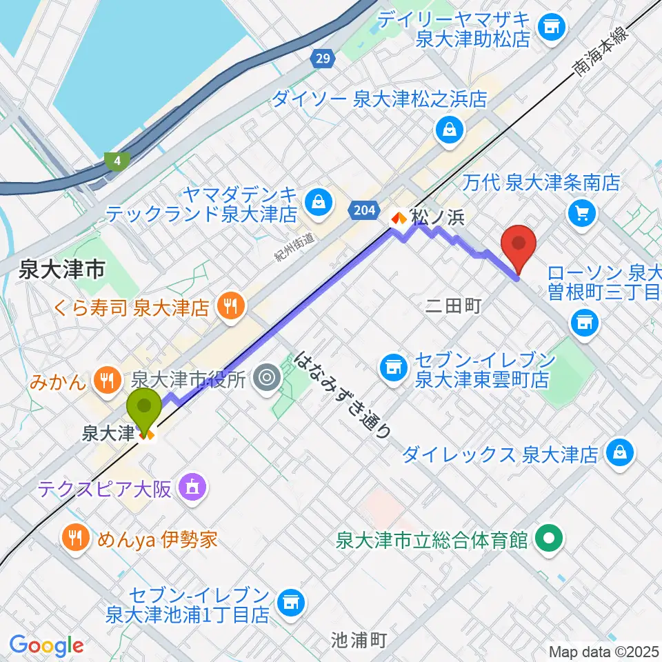 泉大津駅からグレイスピアノサービスへのルートマップ地図